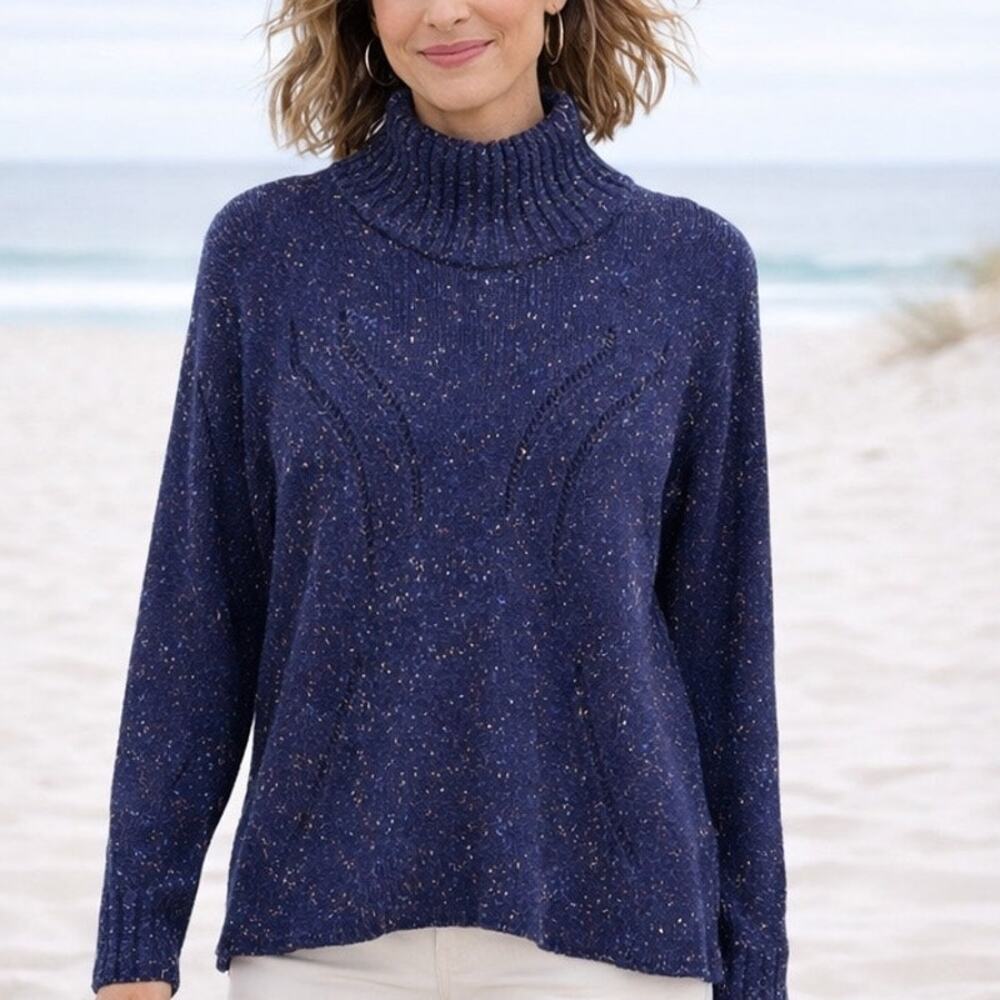 J Jill Turtleneck Sweater Medium Blue Confetti Knit Bell Sleeve Fisherman Vtg